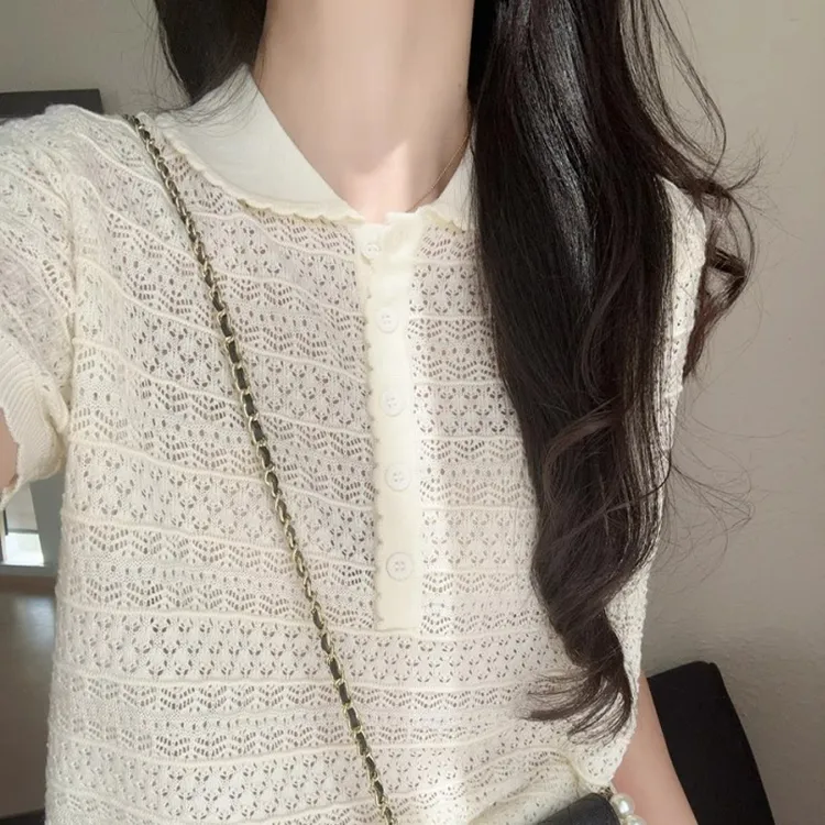 韩版气质娃娃领镂空短袖针织衫女夏季新款甜美减龄薄款罩衫小上衣