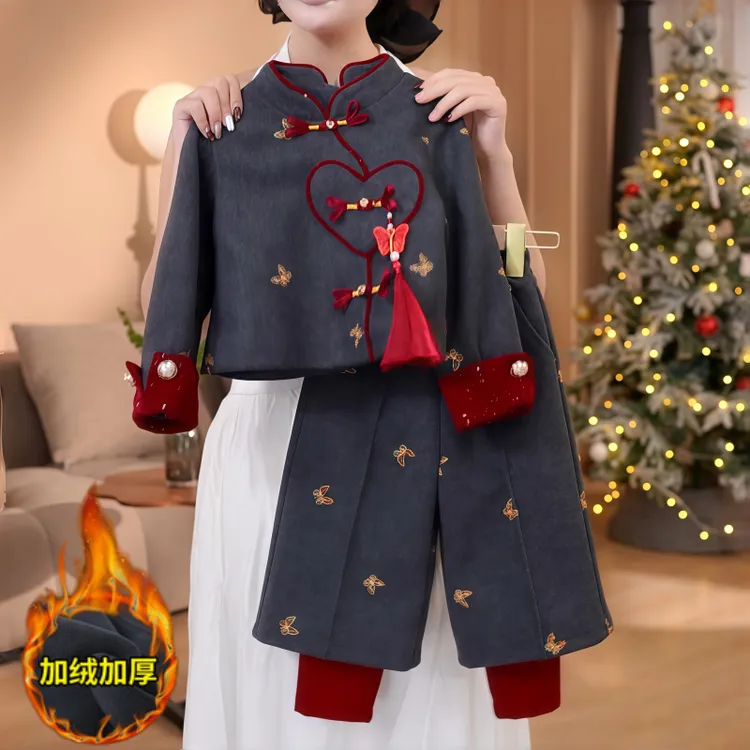 女童加绒蝴蝶结毛呢外套阔腿裤套装冬装2025新款小香风加厚甜美潮