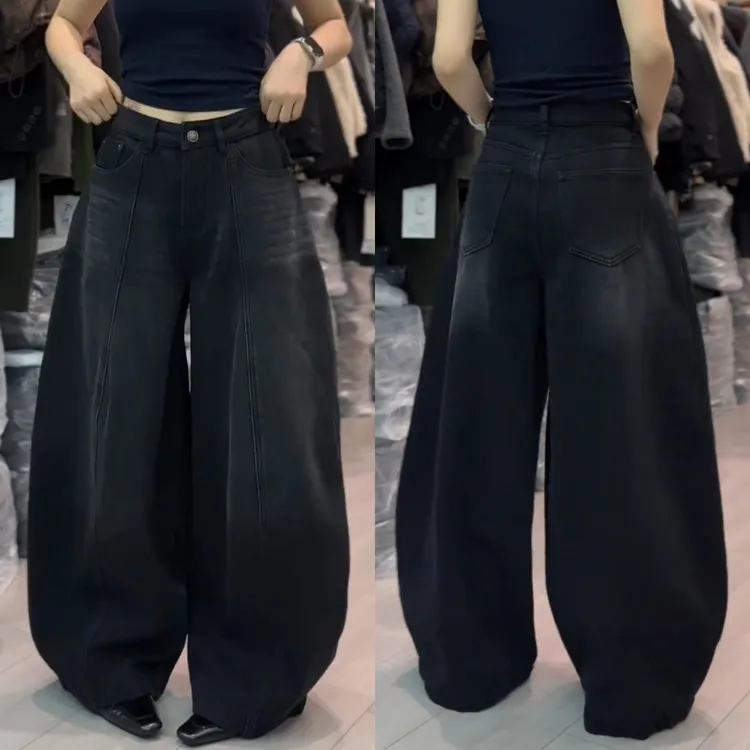 景倩妮做旧复古弯刀水洗牛仔裤2025年冬季新款加绒显瘦宽松阔腿裤