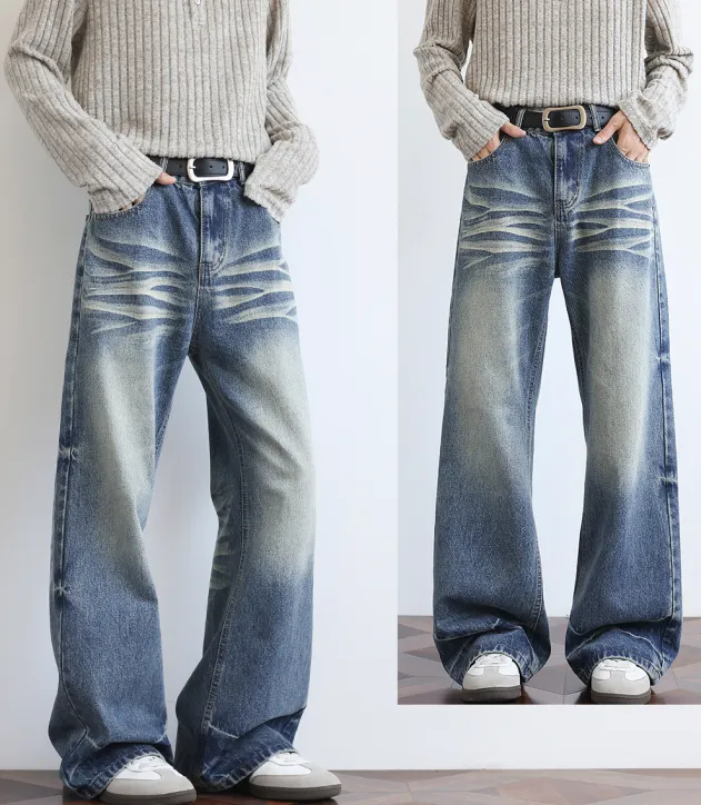 25AW美式【水洗猫须】休闲做旧直通A字版型牛仔裤百搭复古H8009