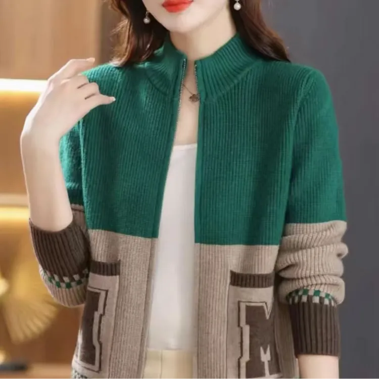 【绿灰拉链开衫】洋气时尚百搭减龄秋冬