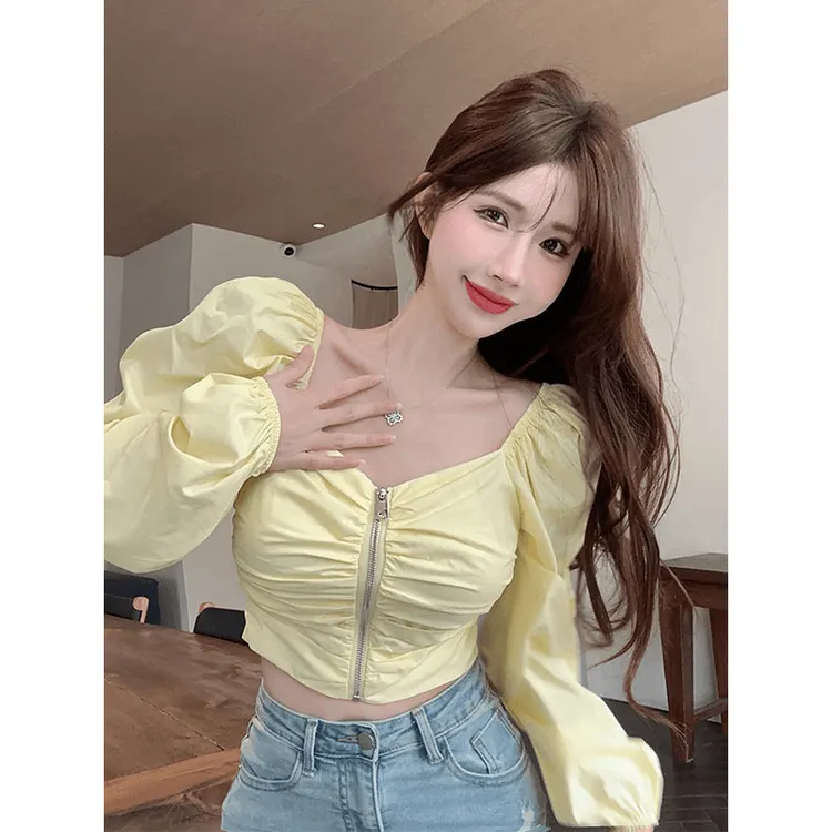 法式方领泡泡袖短款长袖恤女夏季显瘦设计感小众上衣常规款
