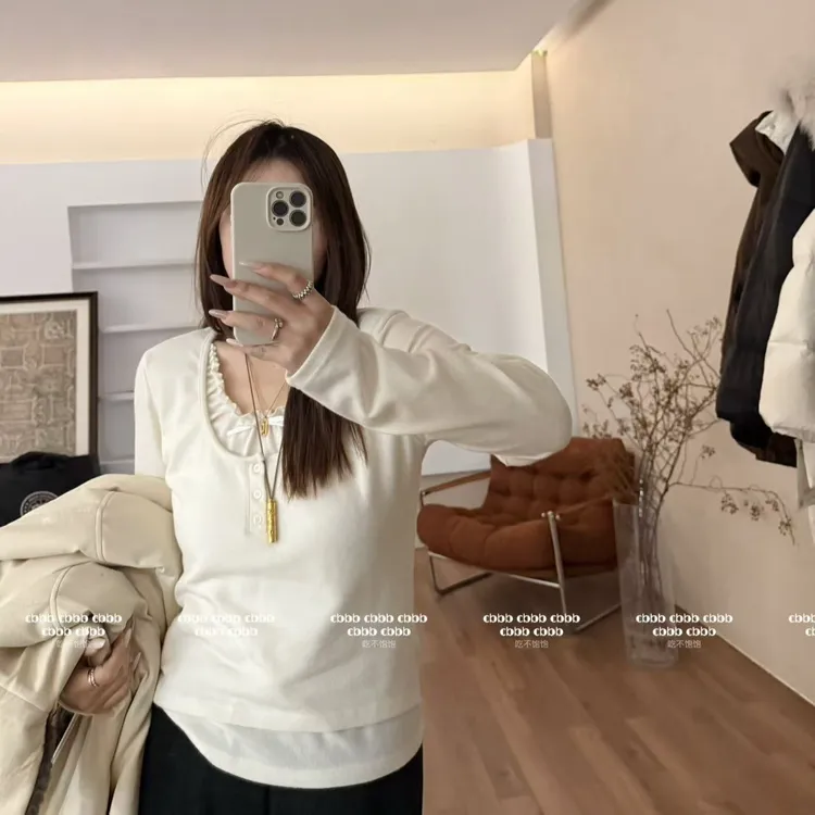 【吃不饱饱】大码 云朵花苞 花苞领双层拼接纯欲蝴蝶结打底衫126