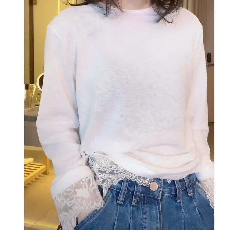 蕾丝手袖拼接T恤2025春季新款长袖设计感法式气质长袖圆领上衣