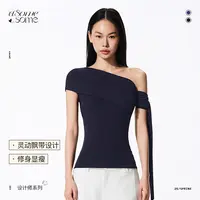 asomesome辣妹斜肩飘带褶皱修身短袖T恤女夏新设计感露肩斜肩上衣