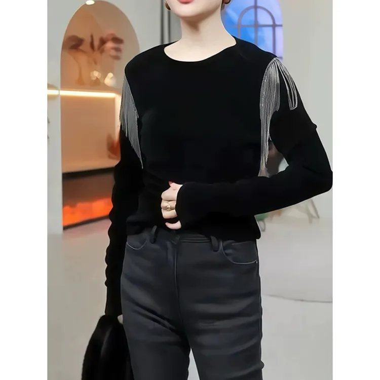 秋冬金丝绒长袖圆领流苏拼接纯色休闲风T恤内搭撞色气质黑色百搭