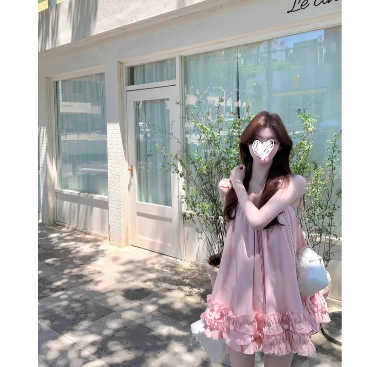 2025夏季新款不规则荷叶边吊带连衣裙女海边度假风裙子