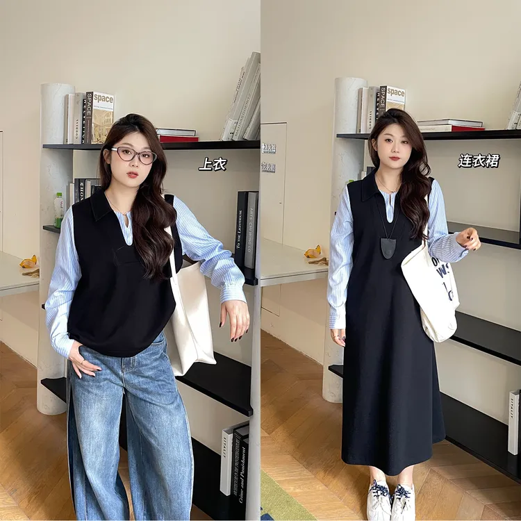 裂渡宣宣【情话】微胖大码女秋ins假两件上衣+连衣裙双版本ZY507F73