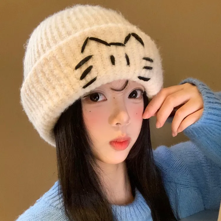 可爱猫咪毛线帽女秋冬季韩版显脸小百搭针织帽大头围保暖包头帽子