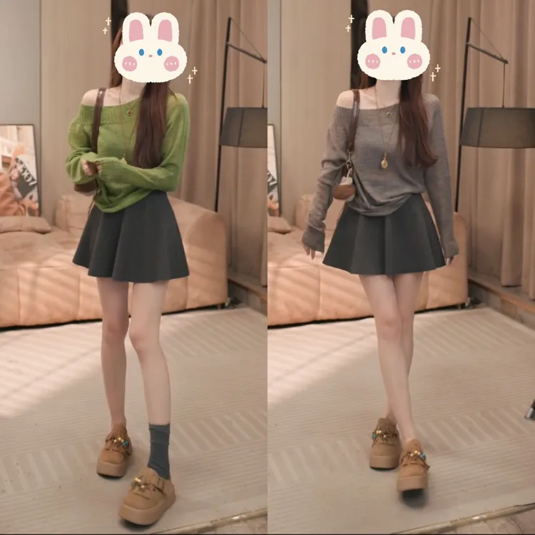 秋季宽松显瘦薄款打底衫针织纯色毛针织衫+蓬蓬百搭A字裙BB50288