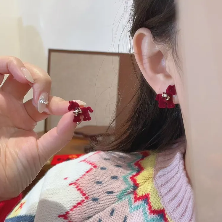 合金耳饰 少女风丝绒小马可爱素款气质日韩简约红色ins小众耳钉