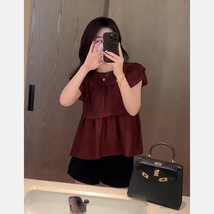 夏季时尚一整套女装2025新款木耳边显白短袖衬衫牛仔短裤两件套潮