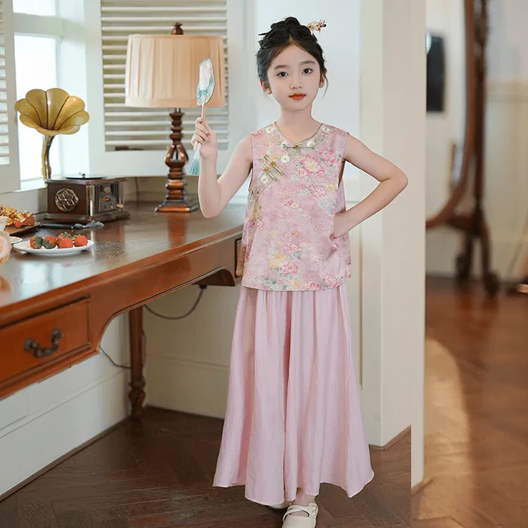 女童夏季新中式无袖盘扣海棠花娃娃衫套装大童女孩休闲裙裤两件套