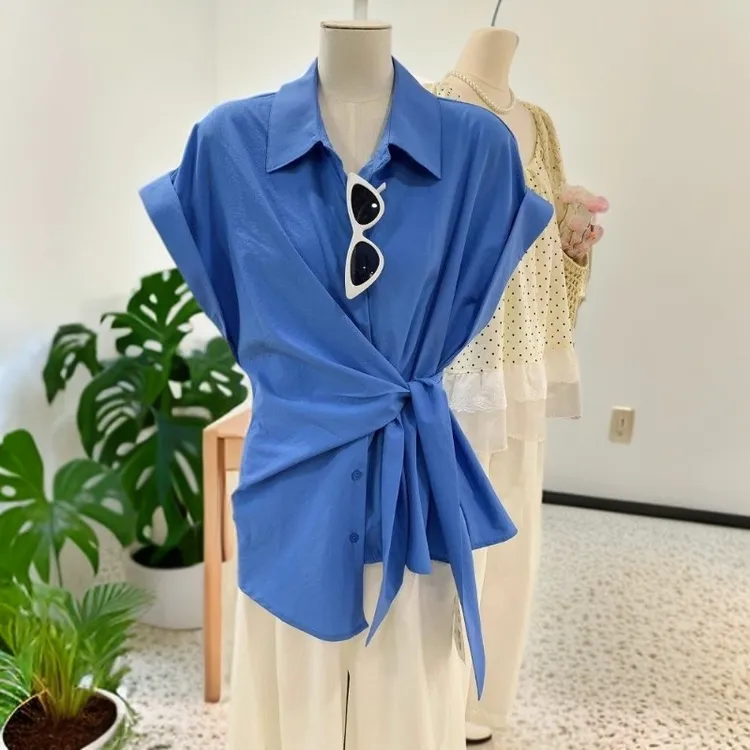 翻领侧边绑带衬衫女落肩短袖夏季设计感小众法式休闲衬衣收腰上衣