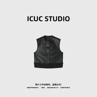 ICUC STUDIO-【木耳边拼接马甲】小众设计感下摆拼接皮衣马甲99013