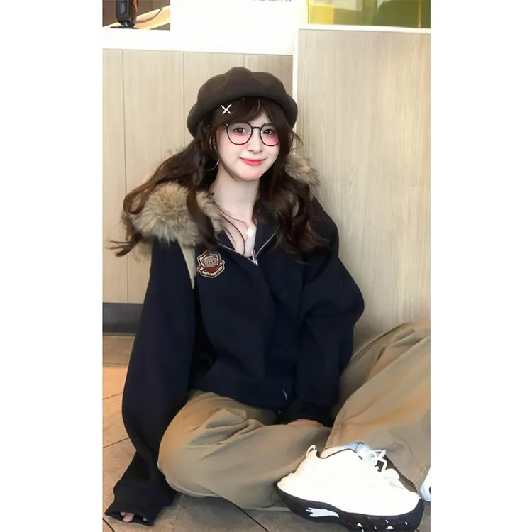 刺绣款秋冬新款美式设计感毛领连帽卫衣女休闲慵懒风外套潮 