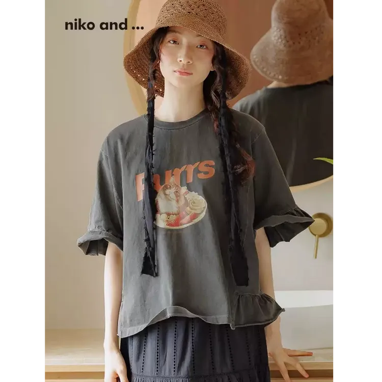 日系niko家原单博主同款2025夏季新品印花荷叶边上衣短袖T恤女
