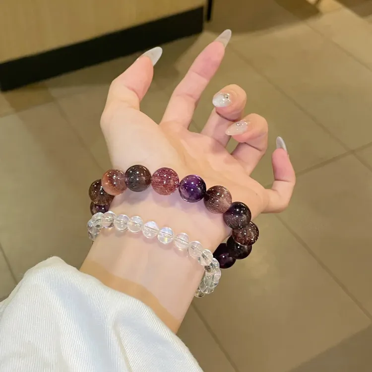 收藏级黑加仑超七手串女手链三轮骨干水晶紫发晶金草莓多样性发一