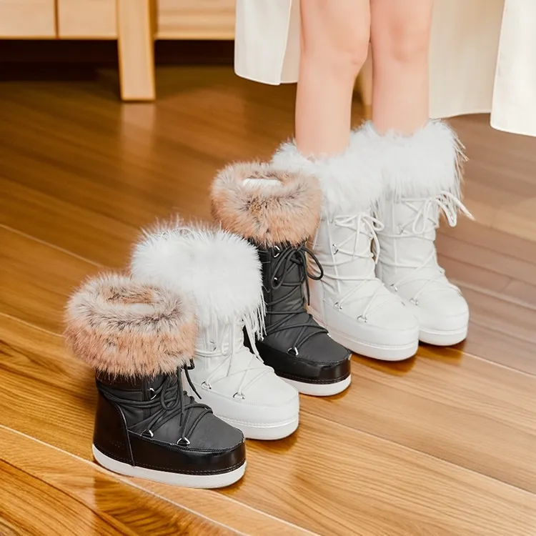 毛毛防水雪地靴女内增高中筒2025新款冬厚底雪地棉鞋滑雪羽绒棉靴
