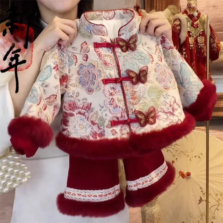 中式周岁宝宝礼服国风生日女童抓周旗袍唐装冬装加厚过年拜年衣服