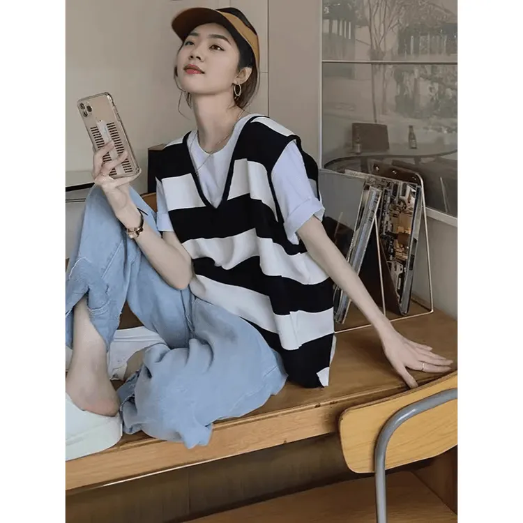 条纹撞色假两件短袖t恤女2025夏季宽松大版休闲减龄百搭小众上衣