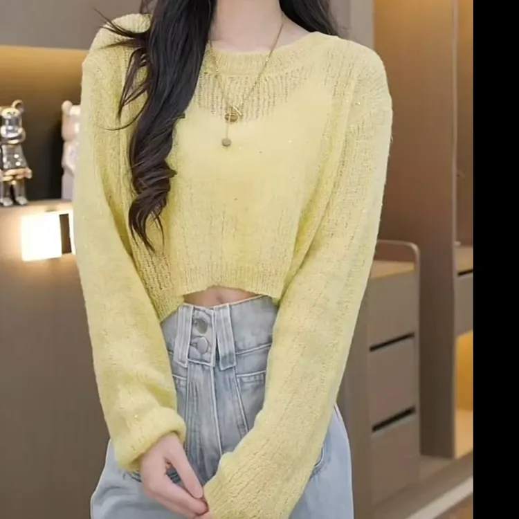 欧若风后背纽扣设计感亮丝针织衫女2025新款春季短款长袖罩衫上衣