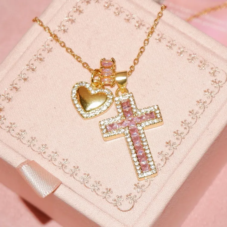 铜锆石项链 爱神眷顾～十字架爱心项链美式辣妹