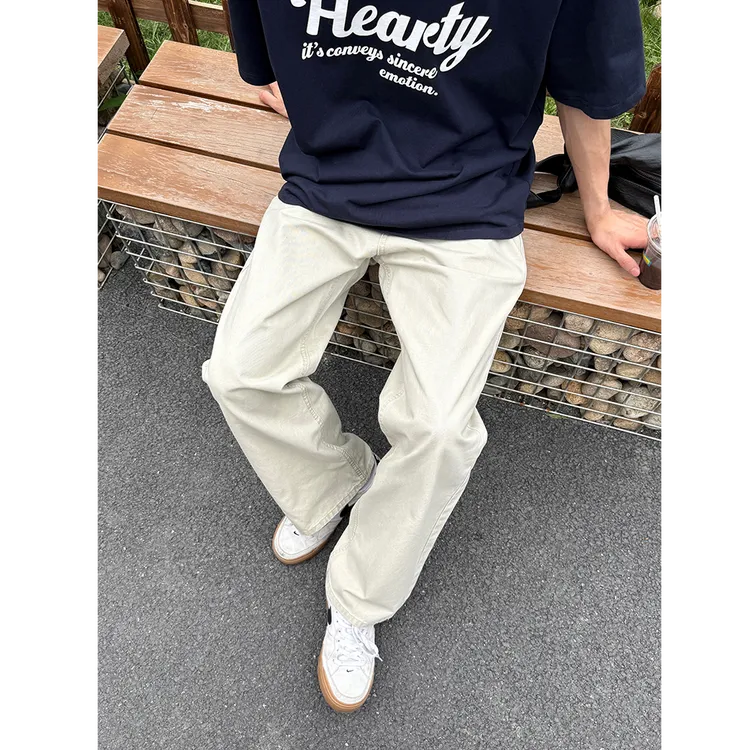 春秋百搭米白色直筒纯棉男生2025新款夏季薄款休闲宽松浅色长裤子