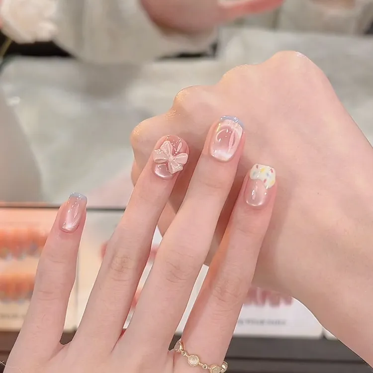 【想见海】夏日清爽法式奶蓝美甲手工穿戴甲可爱显白百搭网红指甲片