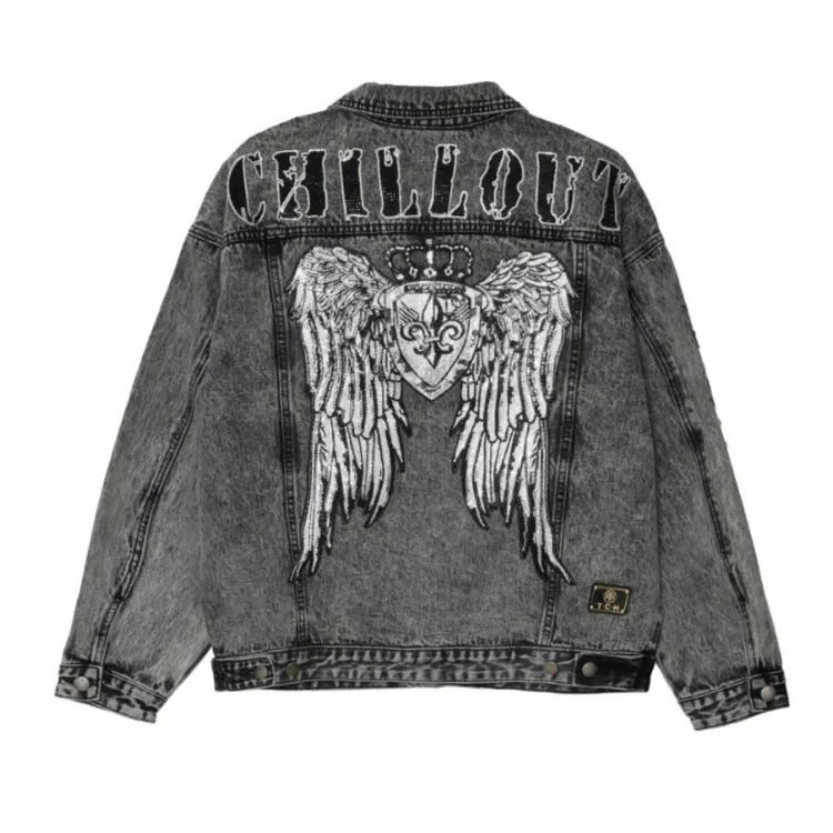 TCH服饰店播-翅膀烫钻灰牛仔外套T21106C3006