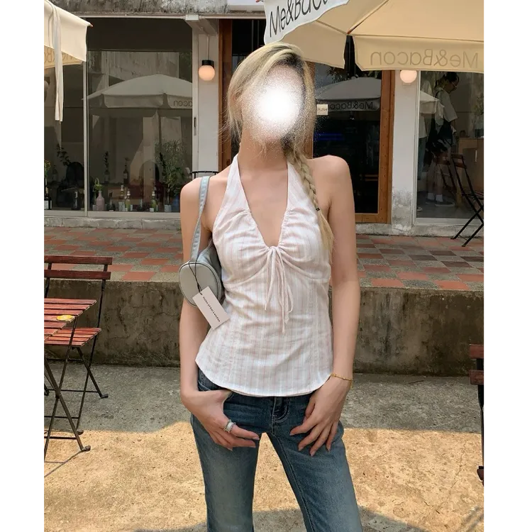 粉雾海 粉色v领挂脖背心女夏季2025新款美背无袖吊带上衣复古