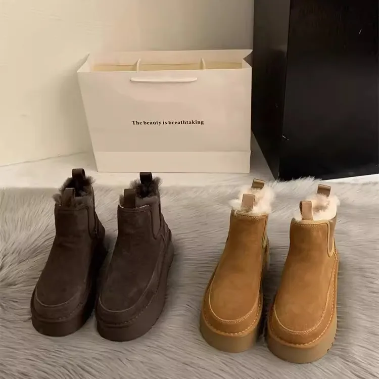 欧洲站厚底雪地靴女2025新款冬季真皮休闲增高牛皮毛一体保暖棉