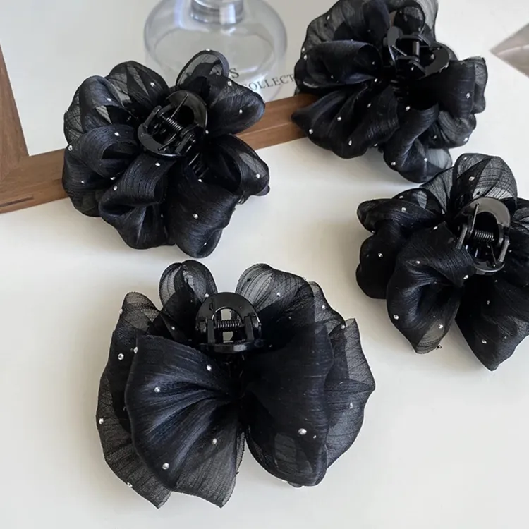 简约气质黑色满天星泡泡纱7cm手工抓夹