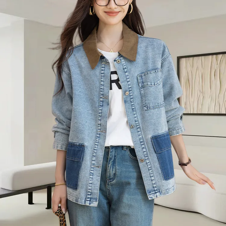 时尚翻领拼接牛仔夹克外套女士2025秋季新款宽松休闲显瘦百搭上衣