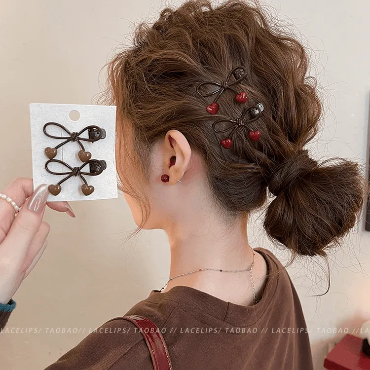 蝴蝶结发夹女咖色爱心边夹侧边前额发卡2025新款刘海夹子高端头饰