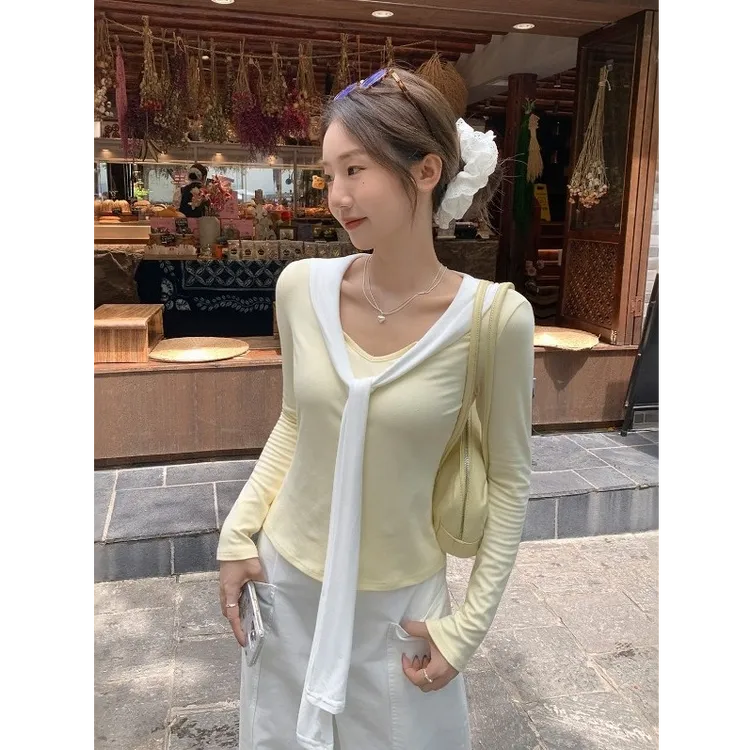 海军领披肩V领长袖T恤女秋季2025新款韩系chic修身显瘦假两件上衣