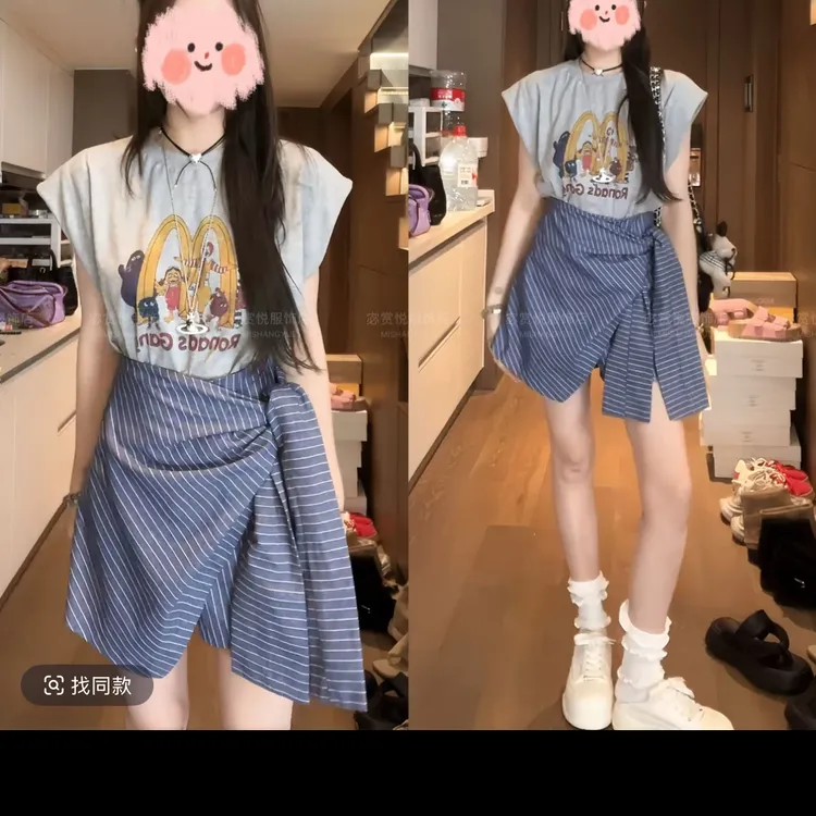 时尚套装休闲套装洋气时尚印花减龄高腰上衣夏季百褶格子裙子