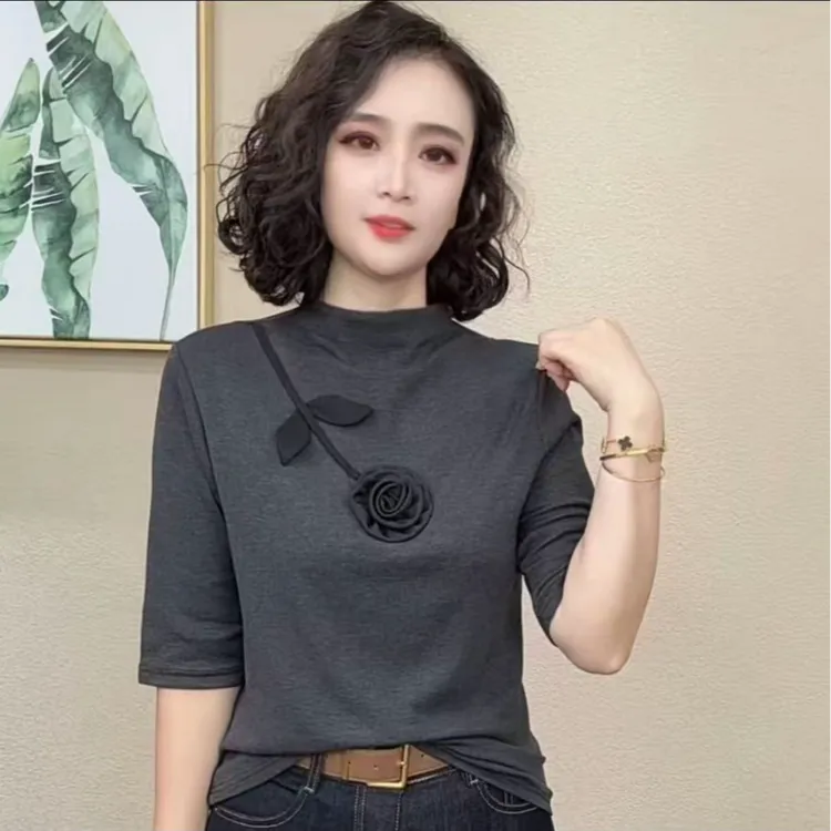 2025新款时尚洋气百搭减龄中领气质中袖女上衣#858