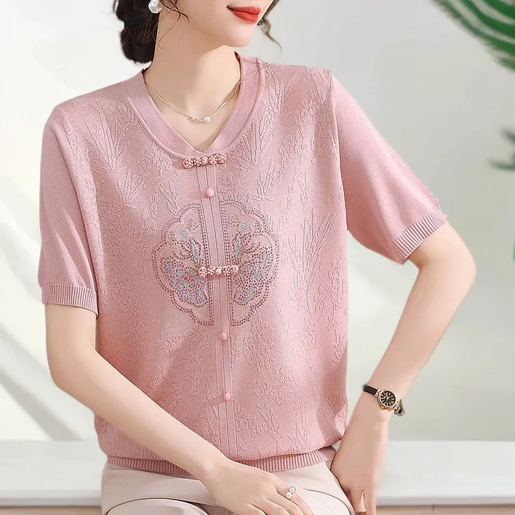 新中式穿搭妈妈装夏季冰丝短袖小衫气质中老年女装洋气针织绣花弹