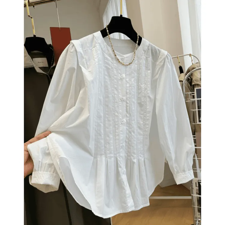 5194高级感韩系圆领褶皱棉布长袖衬衫女装薄法式气质小衫时尚上衣