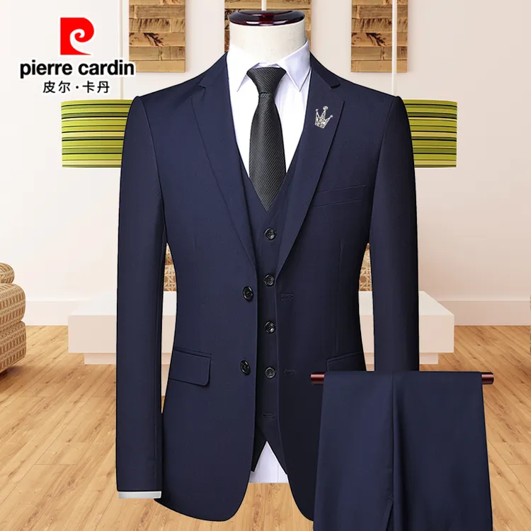 皮尔卡丹高档职业西装套装正装西服新郎修身男商务结婚礼服三件套