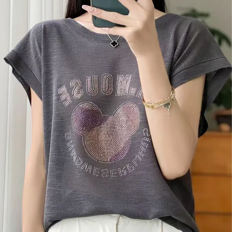 2025竹节麻圆领短袖女新款夏季薄款宽松百搭打底T恤烫钻上衣