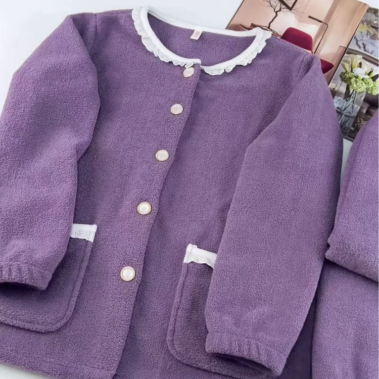 冬季新款小香风花边领美丽绒加绒加厚保暖睡衣家居服女款套装