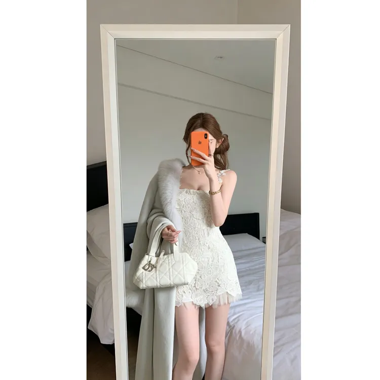 【天鹅绒冬雾】冬日新款内搭蕾丝吊带蝴蝶结拼纱连衣裙显瘦收腰短裙