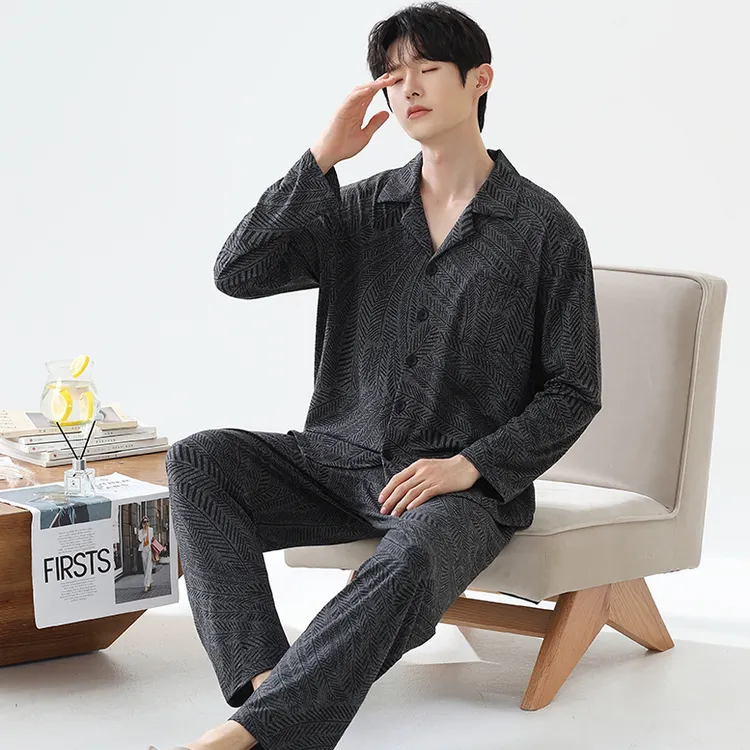 秋季2025新款爽肤棉男士睡衣大码长袖男款家居服套装-24281稻花