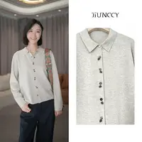 JIUNCCY【杏叶】绵羊毛混纺小翻领不规则排扣针织开衫 52YZZ130