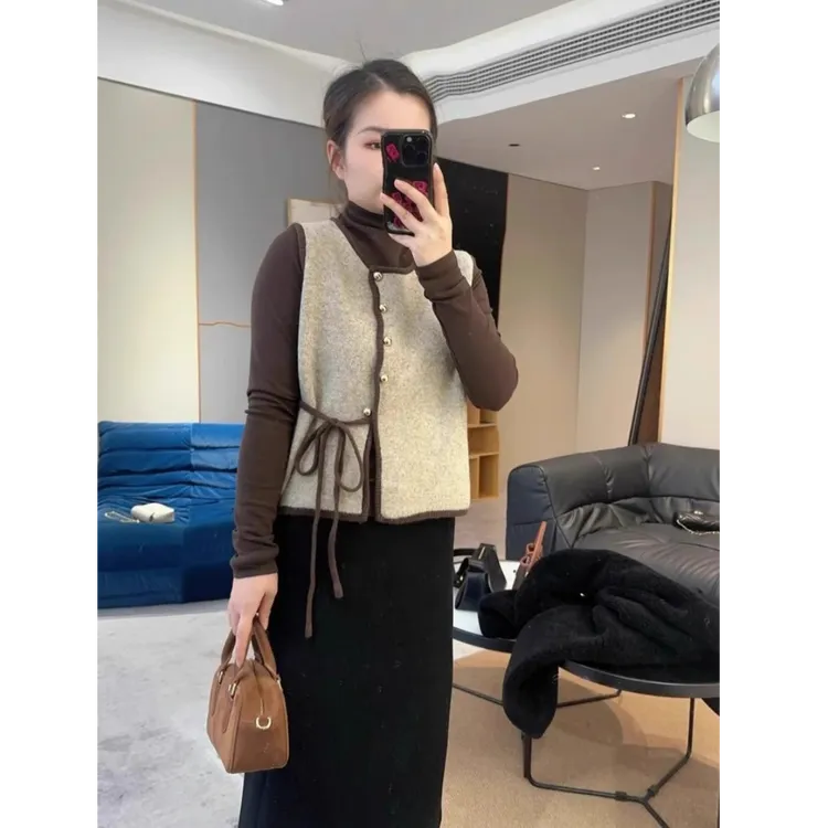 爆款推荐小香风针织秋冬套装马甲背心+半高领打底衫两件套时尚女