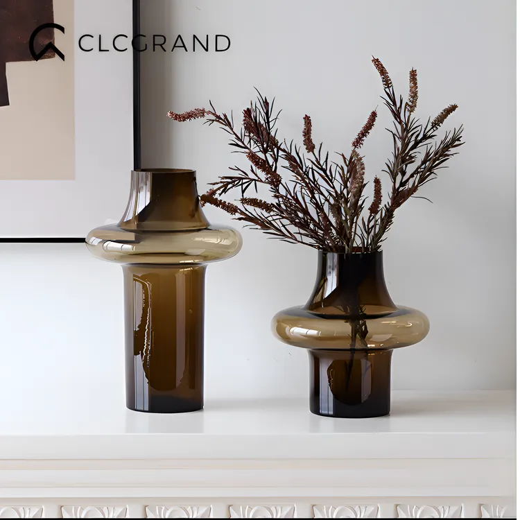 花瓶高级感客厅桌面插花摆件中古咖色装饰玻璃花器轻奢样板间摆设