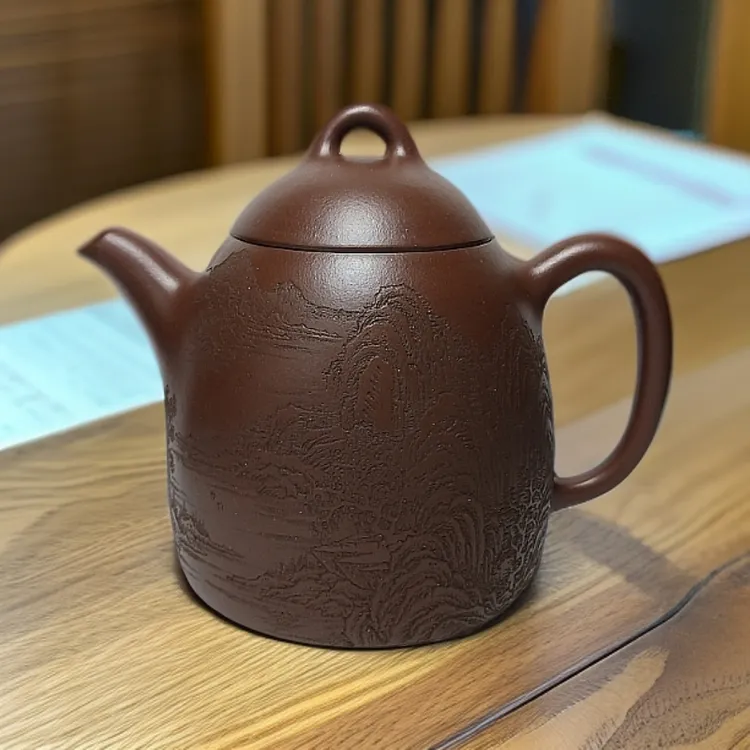 秦权壶王呈老紫泥全手工制毛华明通篆山水刻绘280cc纯手工刻字