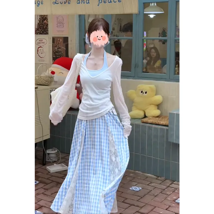 温柔风套装白色褶皱长袖衬衫女夏季格纹蕾丝半身裙两件套